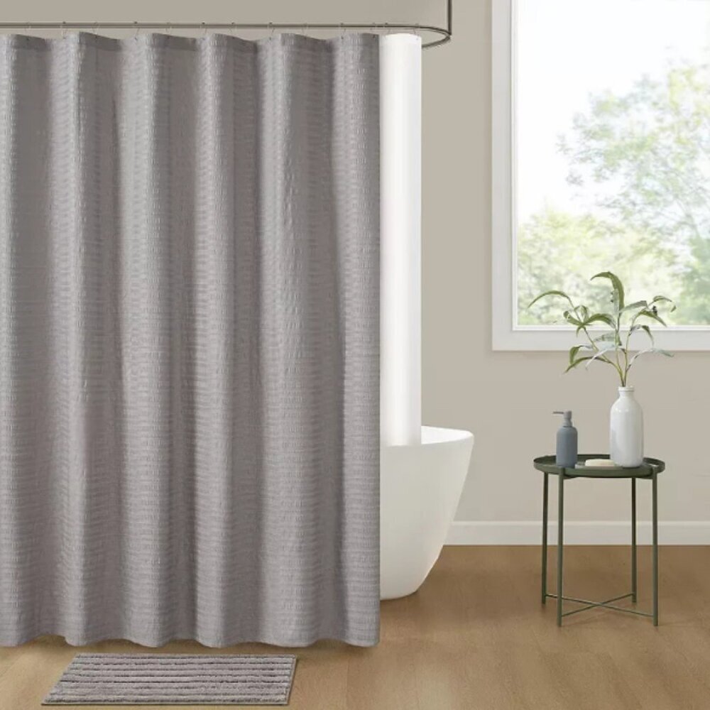 The Big One Waffle Striped Grey Fabric Shower Curtain 70" x 72" 100% Polyester
